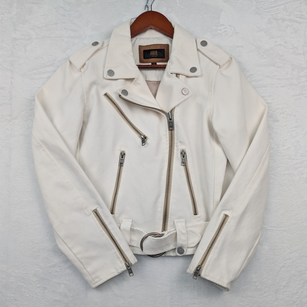Frye Jacket Women Medium White Cotton Canvas Moto Biker Belted Asymmetric Zip